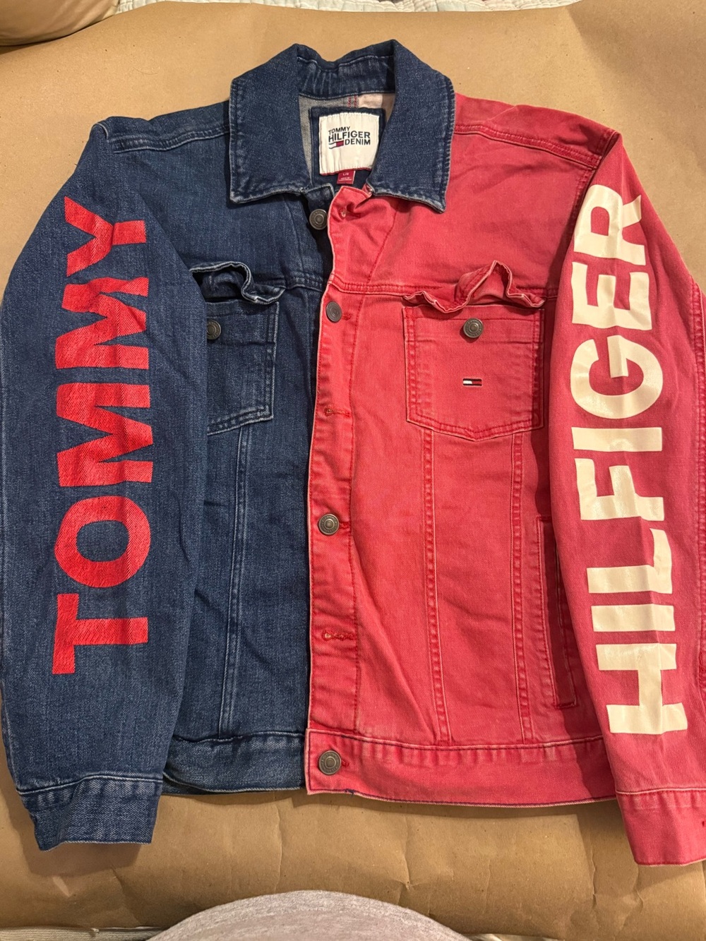 Tommy Hilfiger Two-Tone Navy & Red Denim Jacket with Sleeve Logo